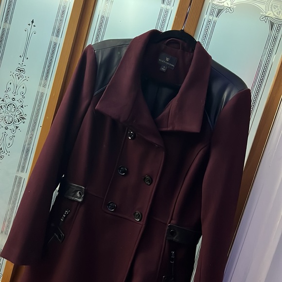 Worthington wool blend dark cherry/ burgundy red and black leather coat - Picture 3 of 8